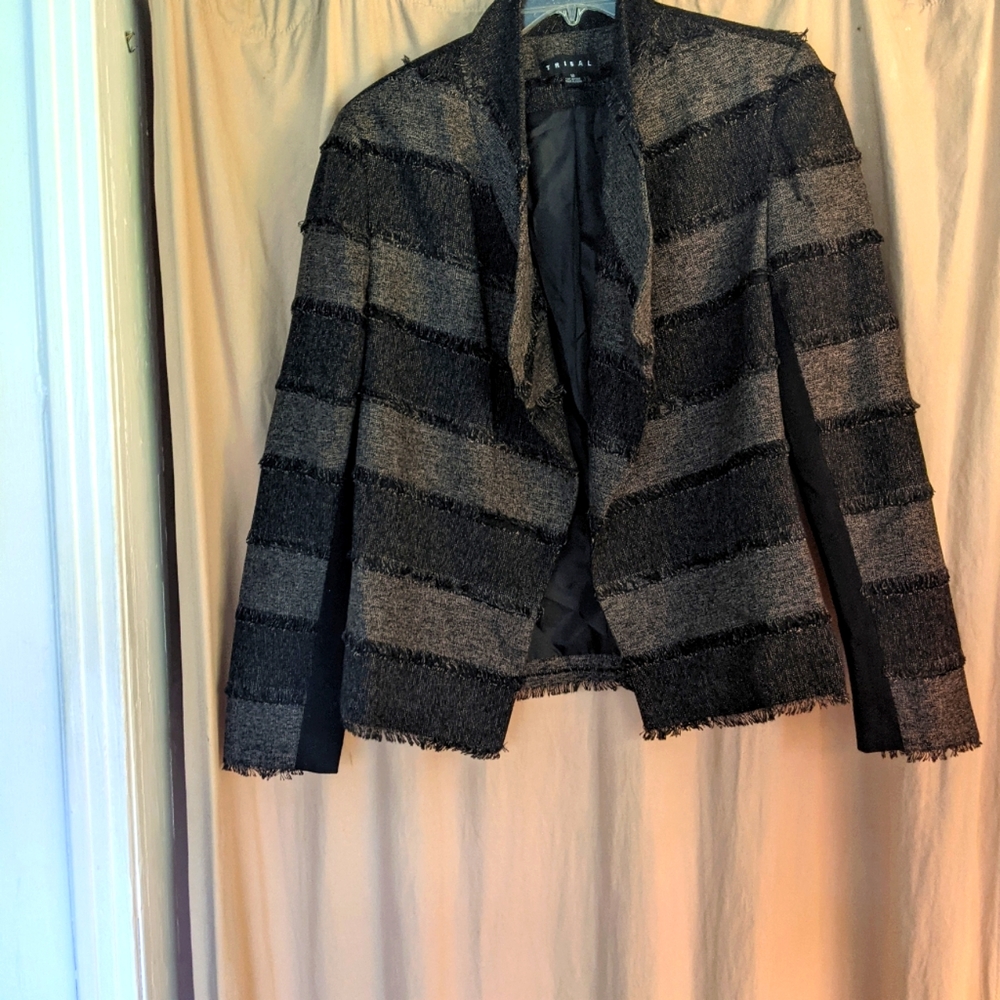 Tribal Fringed Tweed Jacket with Shawl Collar